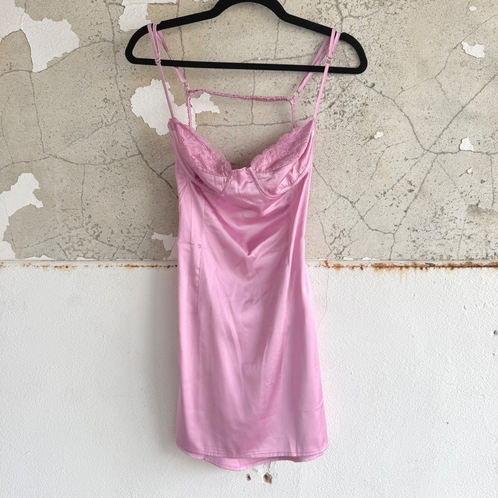 Beginning Boutique Trouble Pink Mini Dress Lace Bustier Satin‎ Slip Coquette NEW - Picture 2 of 14